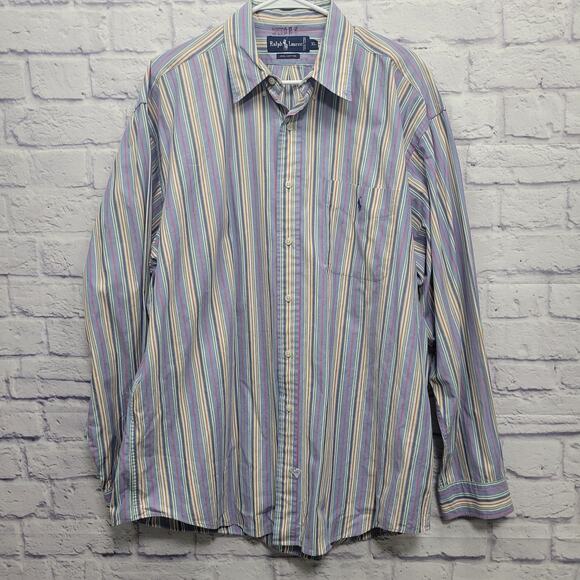 Vintage 90s Ralph Lauren Button Shirt Mens XL 100% Cotton Multicolor Striped - Picture 1 of 8